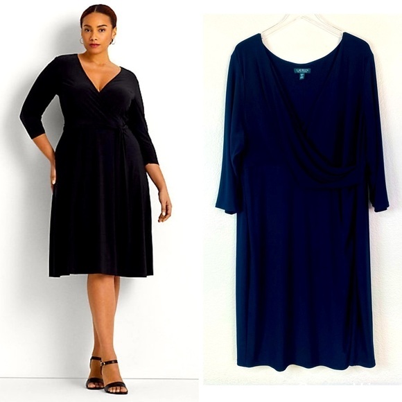 Lauren Ralph Lauren Navy Jersey Surplice Neckline Dress Size 24 - Picture 1 of 9